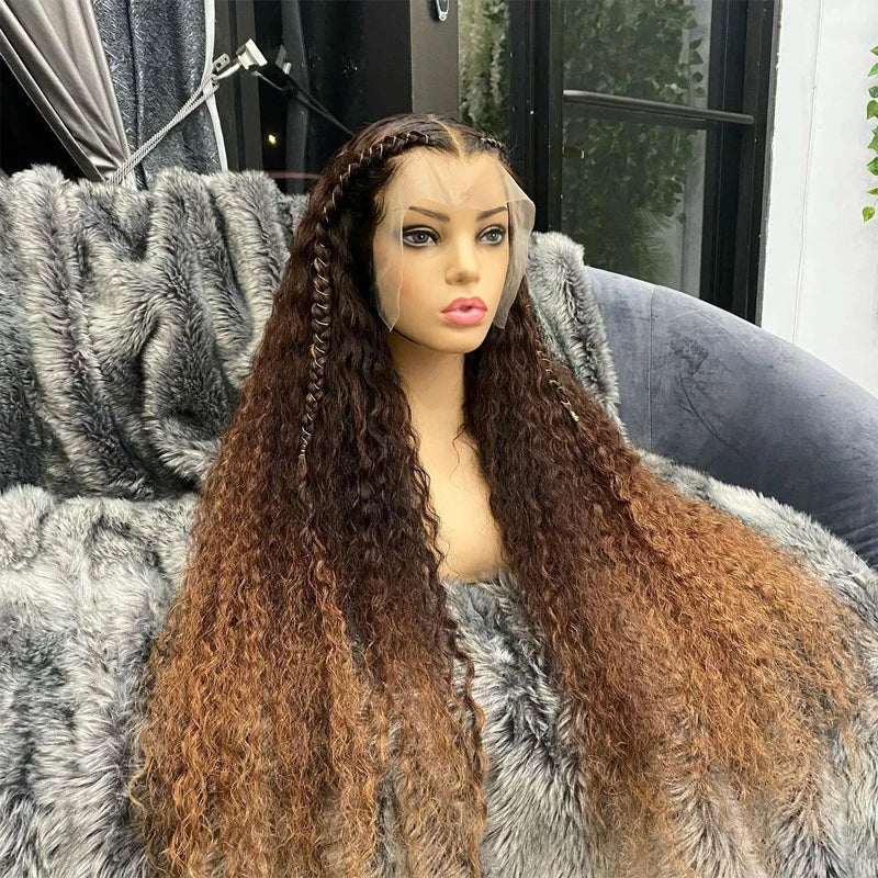 Kinky Curly Lace Front Wig 13x4 Real Human Hair Wigs Ombre Brown Honey Blonde Blend 40inchs Long Frontal Wig Glueless 250% Thick