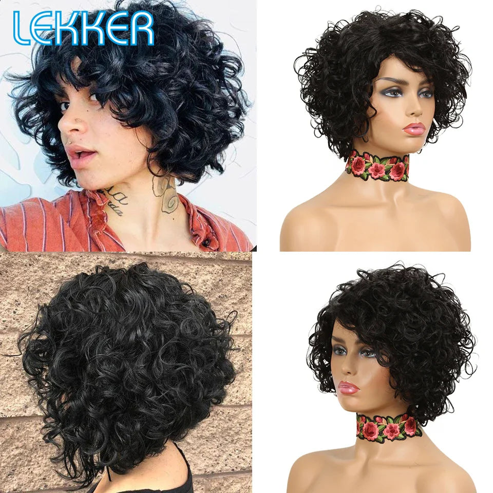 Lekker Colored Short Kinky Curly Bob Human Hair Wig For Women Natural Glueless Brazilian Remy Hair Ombre Brown Fluffy Curl Wigs