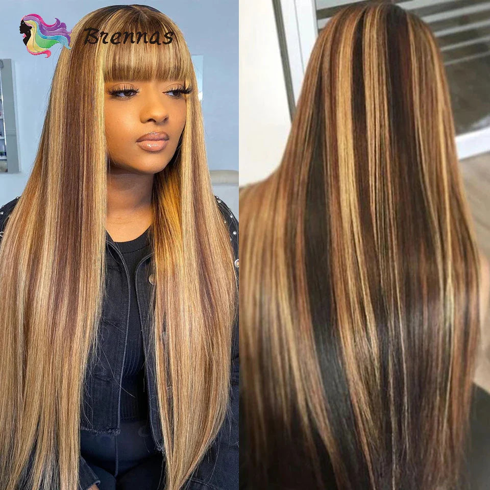 Ombre Straight Human Hair Wig Peruvian Honey Blonde Highlight Straight Wig With Bangs Glueless Machine Made Wigs For Black Women