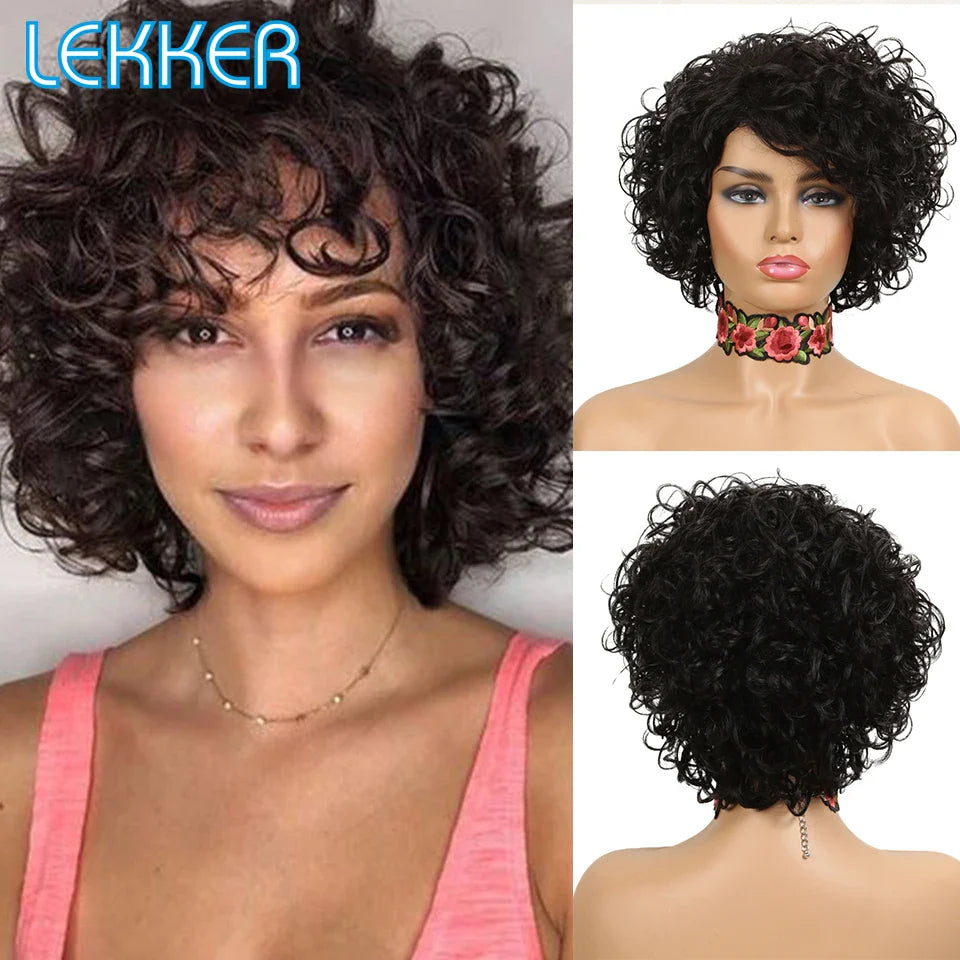 Lekker Colored Short Kinky Curly Bob Human Hair Wig For Women Natural Glueless Brazilian Remy Hair Ombre Brown Fluffy Curl Wigs