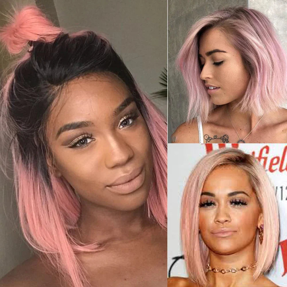 Staright Full Lace Human Hair Wigs Ombre Black Pink Pre Plucked Remy Hair With Baby Hair