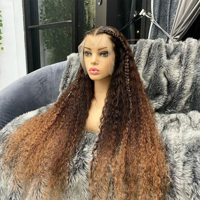 Kinky Curly Lace Front Wig 13x4 Real Human Hair Wigs Ombre Brown Honey Blonde Blend 40inchs Long Frontal Wig Glueless 250% Thick