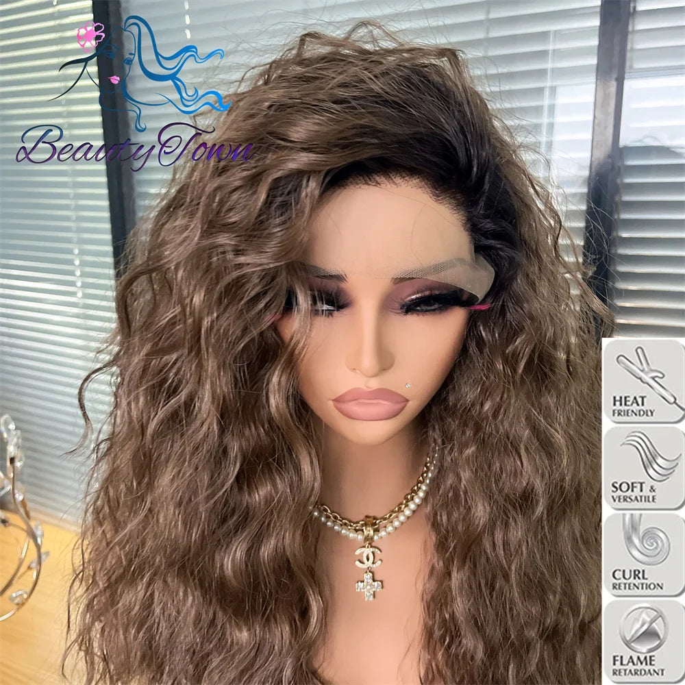 2023 Autumn Synthetic 13x3 Lace Front Wig Ombre Roots Brown Kinky Curly Wig Soft Transparent Lace Front Wig for Women Daily