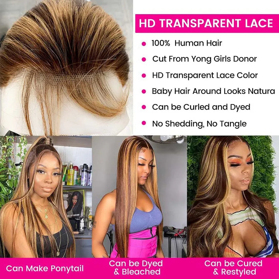 Highlight Wig Human Hair Straight Brazilian Hair 13x4/13x6 HD Lace Frontal Wig Glueless Blonde Lace Front Wig Human Hair Wimmin