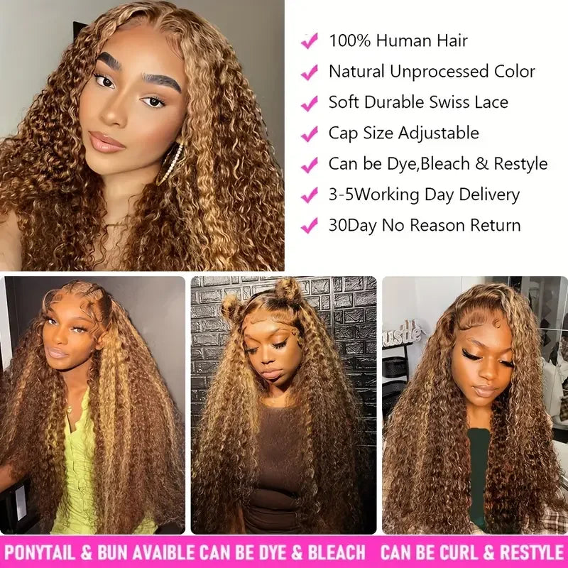 Ombre Highlight Glueless Lace Front Wig Curly Hair Human Hair Water Wave Lace Front Wig 180% High Density Highlight Color 34Inch