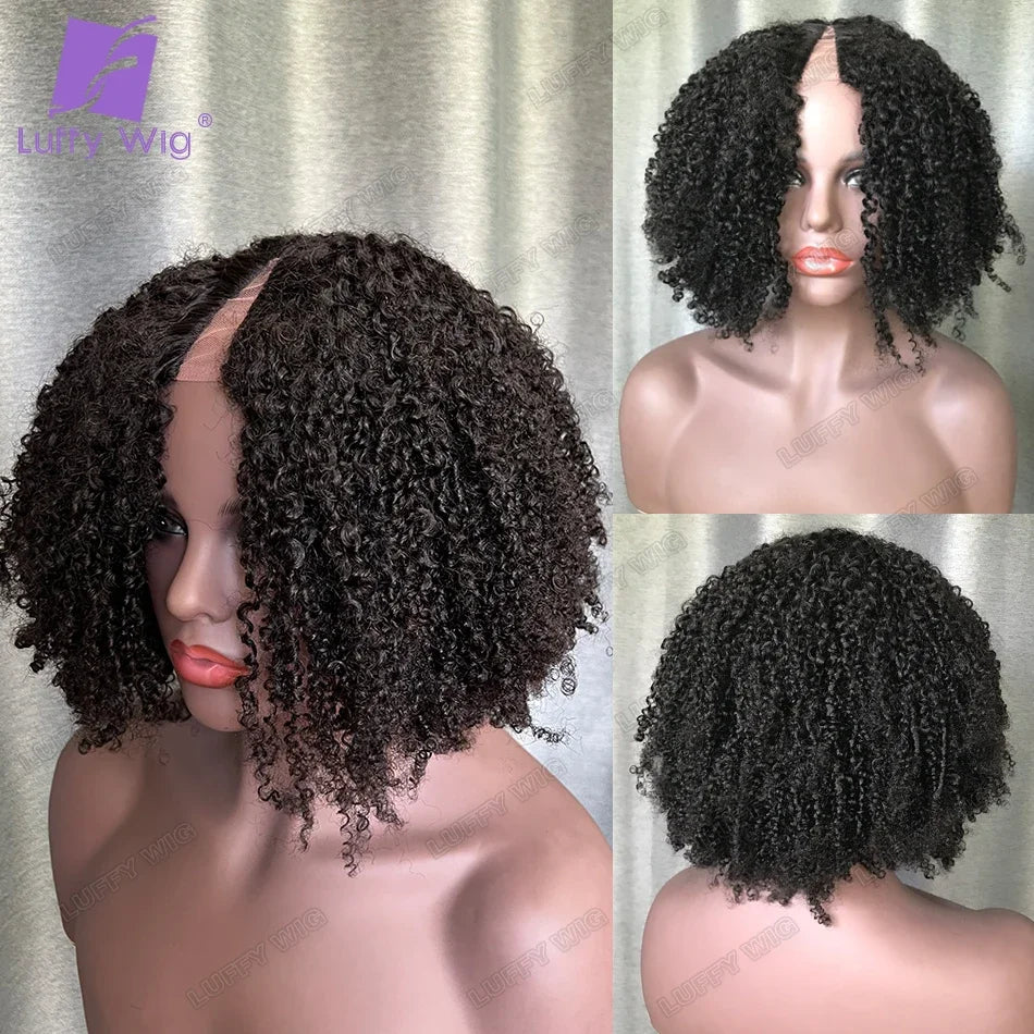 Short Afro Kinky Curly V Part Wig Human Hair No Leave Out Kinky Curly V Part Glueless Human Hair Wigs for Women with Lace Front