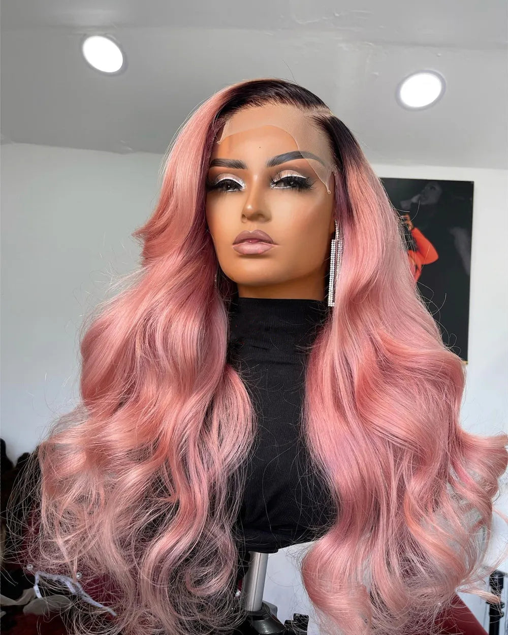 Glueless Ombre Pink Blonde with Dark Roots HD Transparent Lace Front Wigs Human Hair for Women Wavy Full Lace Wigs Pre plucked