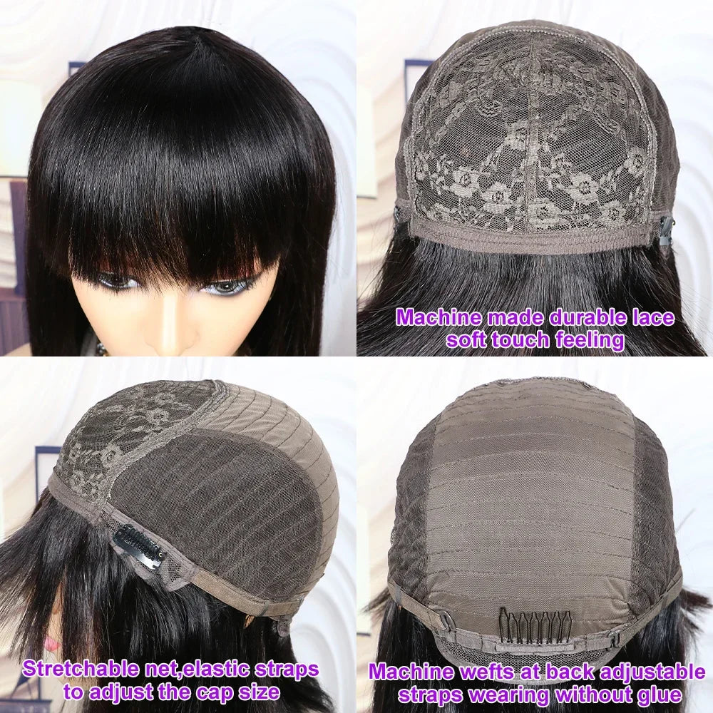 38 40 Inches Straight Full Machine Made Wig with Bangs Natural Human Hair Wig For Women Brazilian Remy Hair Wig 250 Density