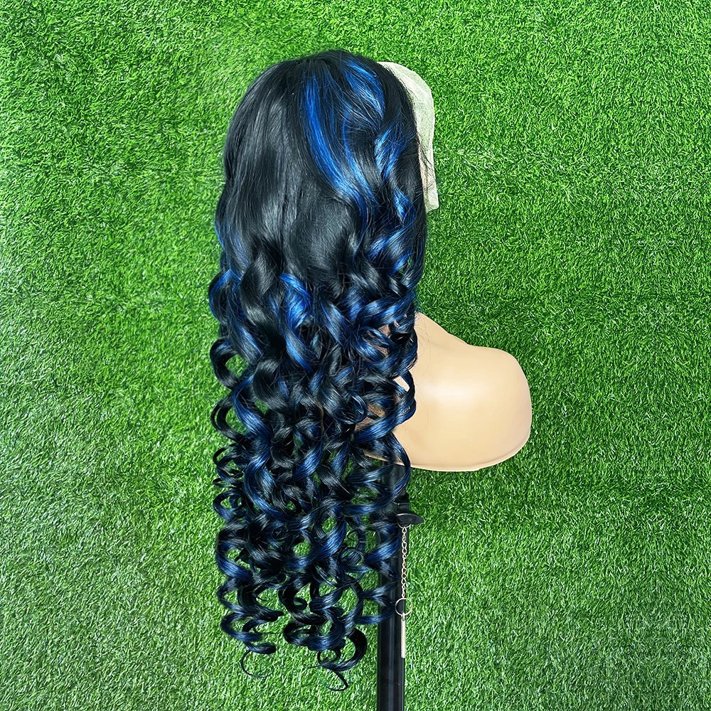 Highlight Black With Blue 13x6 Transparent Lace Frontal Wigs Human Hair Wig For Women Brazilian Hair Glueless Full Lace Wigs