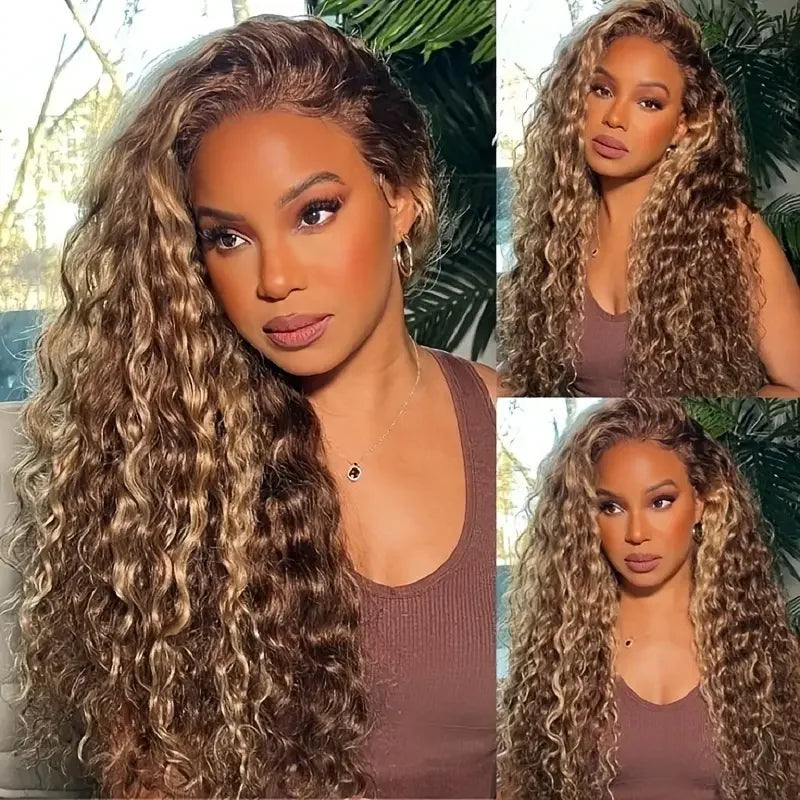 Ombre Highlight Glueless Lace Front Wig Curly Hair Human Hair Water Wave Lace Front Wig 180% High Density Highlight Color 34Inch