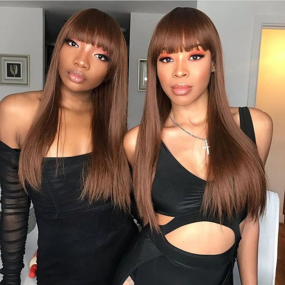 Straight Brown Wig With Bangs Fringe Human Hair Wigs With Bang For Women Brazilian Remy Full Machine Made Glueless Ready To Go