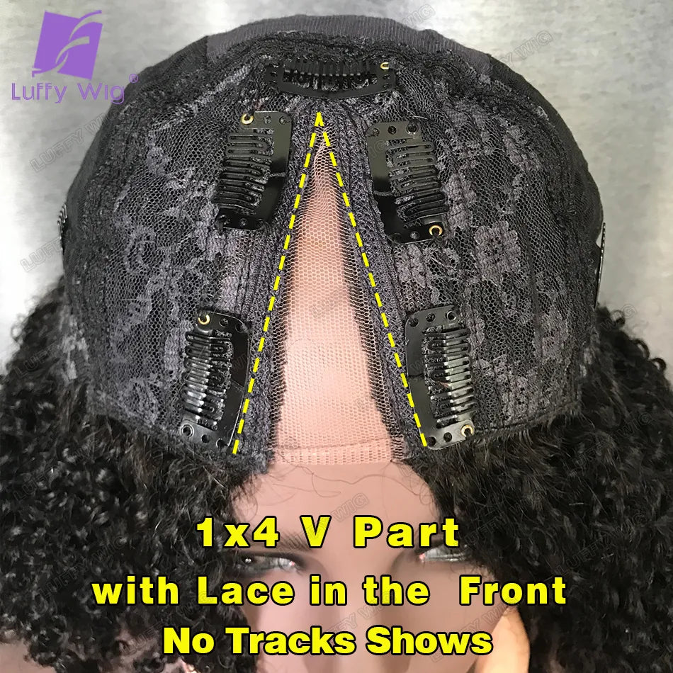Short Afro Kinky Curly V Part Wig Human Hair No Leave Out Kinky Curly V Part Glueless Human Hair Wigs for Women with Lace Front