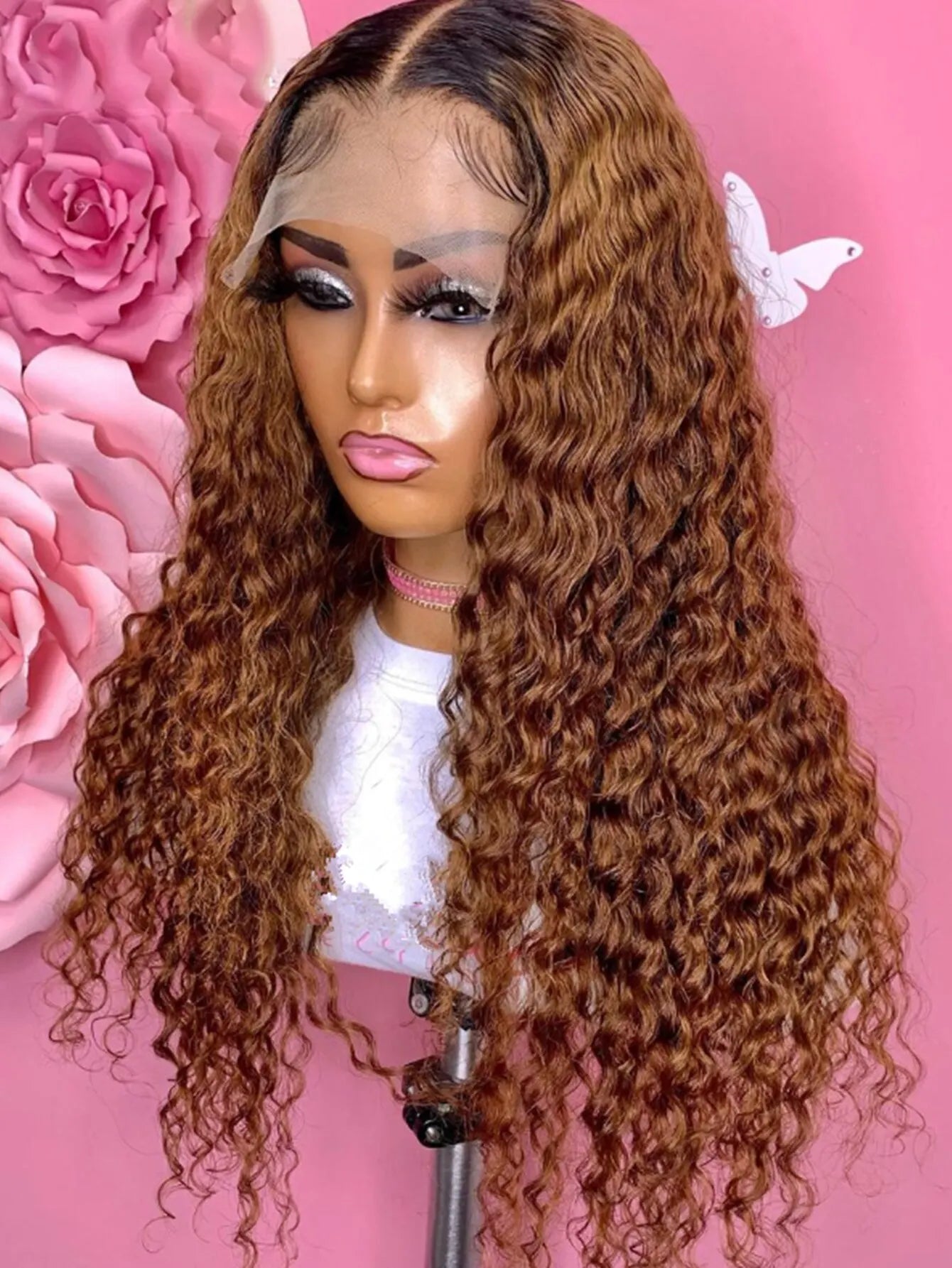Natural Ombre 1B Brown Soft 26 Long Kinky Curly 180Density Synthetic Lace Front Wig High Temperature Cosplay Glueless Daily