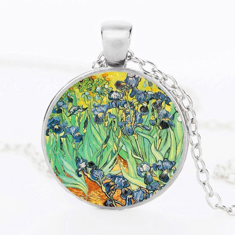 The Kiss Starry Night Sunflower Glass Necklace Van Gogh Klimt Painting Round Pendant Chain Necklaces For Women Girls