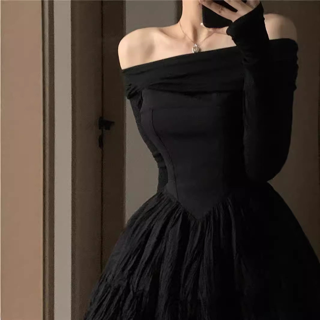 Off-shoulder Elegant Black Design Pleated Long Sleeve Dress Spring And Autumn Women
