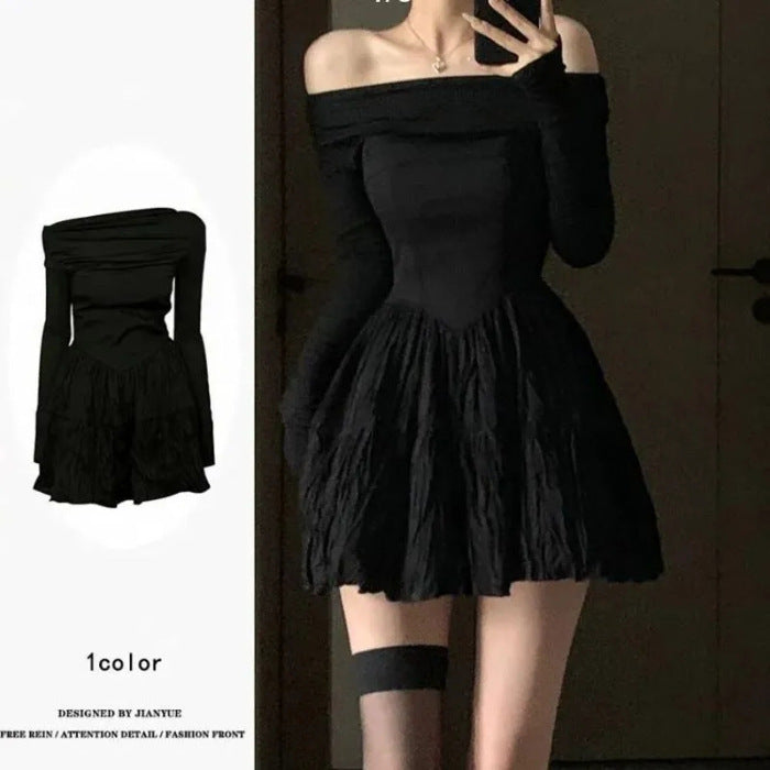 Off-shoulder Elegant Black Design Pleated Long Sleeve Dress Spring And Autumn Women