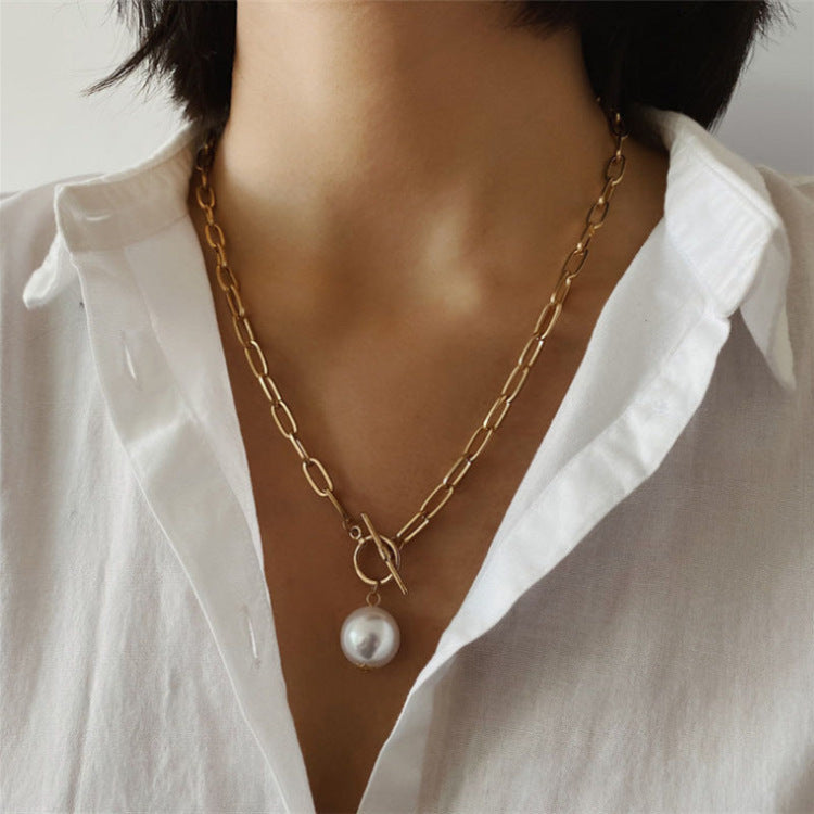 Quality Punk Simulated Pearl Pendant Necklaces for Women Shine Link Chain Layer Necklace Lasso Lariat Curb Cuban Collars Jewelry