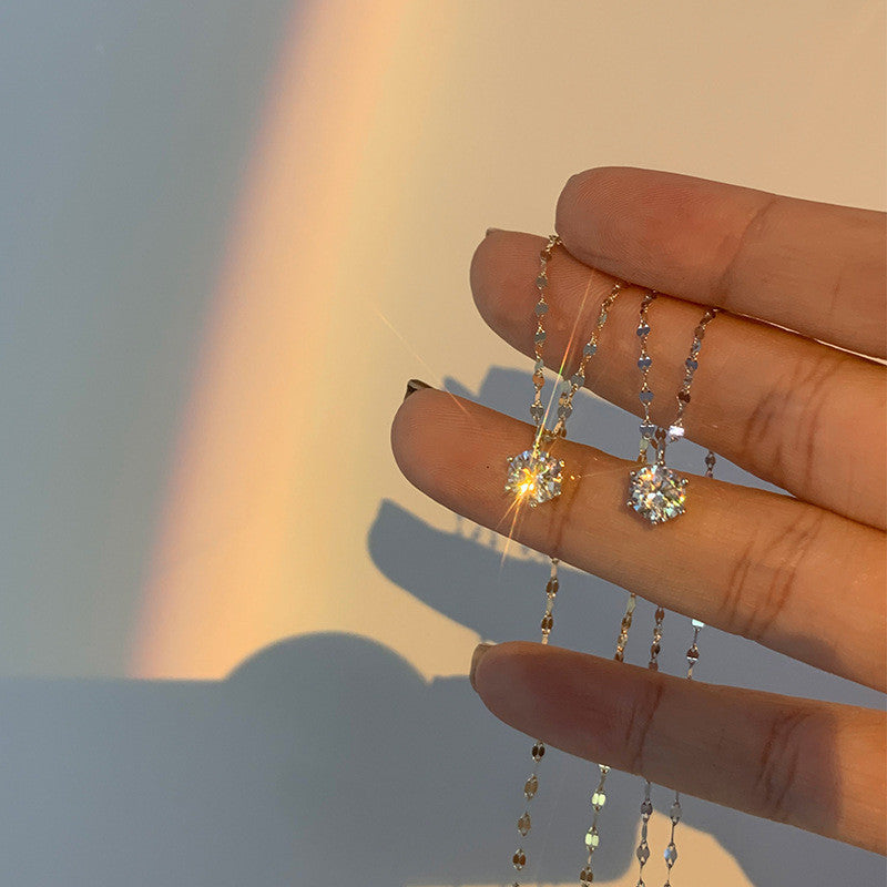 925 Sterling Silver Single Diamond Necklace Female Design Sense Clavicle Chain
