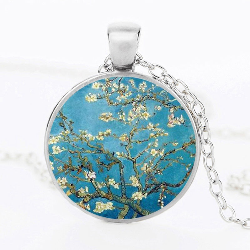 The Kiss Starry Night Sunflower Glass Necklace Van Gogh Klimt Painting Round Pendant Chain Necklaces For Women Girls