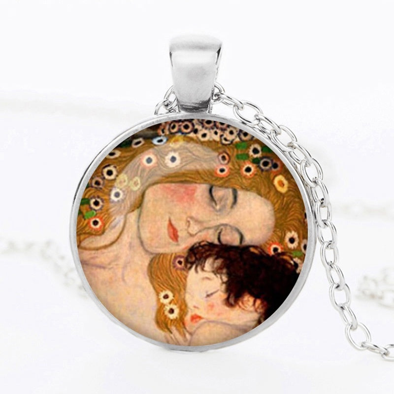 The Kiss Starry Night Sunflower Glass Necklace Van Gogh Klimt Painting Round Pendant Chain Necklaces For Women Girls