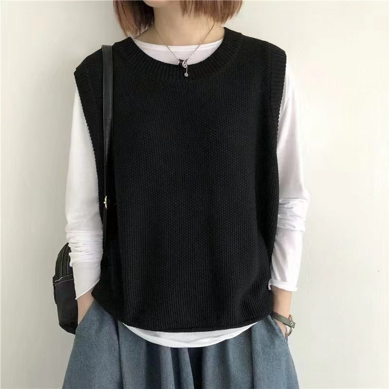 Women Sleeveless Vest Bandage Dress Outer Wear Solid Color Round Neck Vest