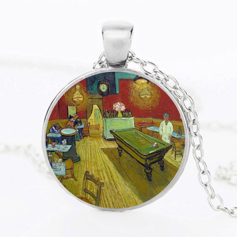 The Kiss Starry Night Sunflower Glass Necklace Van Gogh Klimt Painting Round Pendant Chain Necklaces For Women Girls
