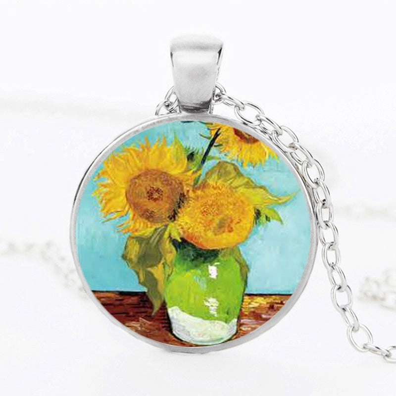 The Kiss Starry Night Sunflower Glass Necklace Van Gogh Klimt Painting Round Pendant Chain Necklaces For Women Girls