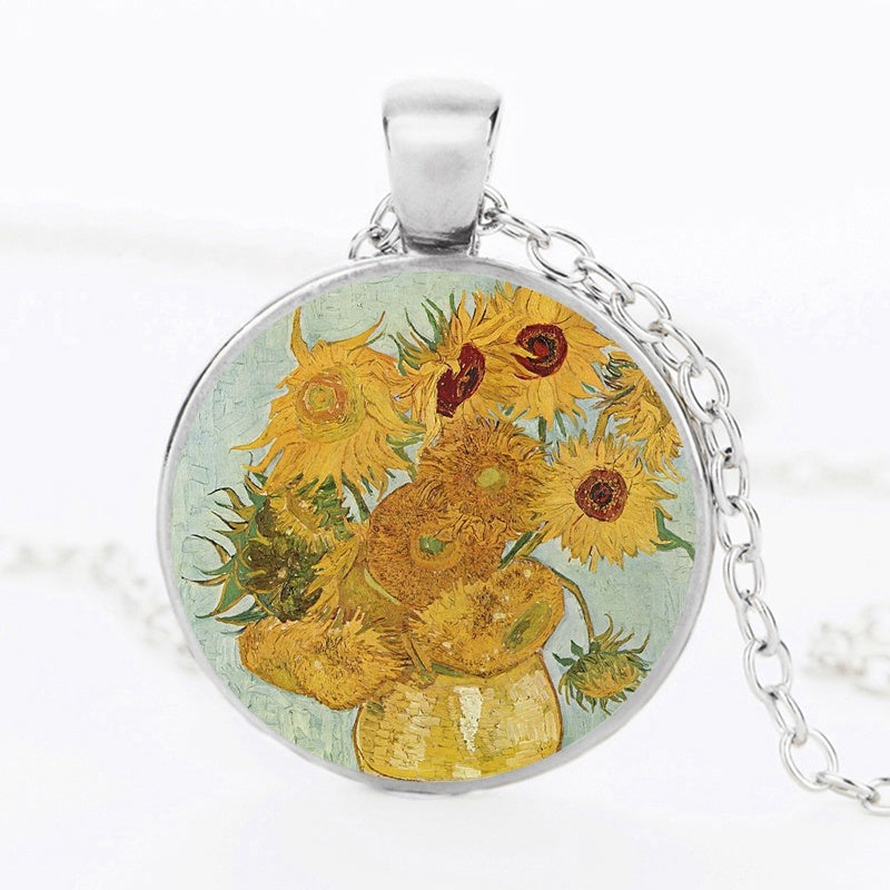 The Kiss Starry Night Sunflower Glass Necklace Van Gogh Klimt Painting Round Pendant Chain Necklaces For Women Girls