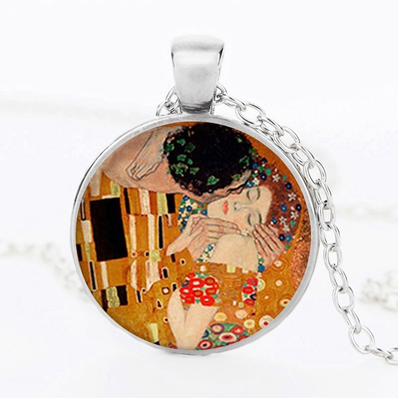The Kiss Starry Night Sunflower Glass Necklace Van Gogh Klimt Painting Round Pendant Chain Necklaces For Women Girls