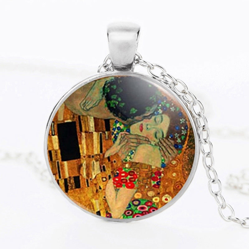 The Kiss Starry Night Sunflower Glass Necklace Van Gogh Klimt Painting Round Pendant Chain Necklaces For Women Girls