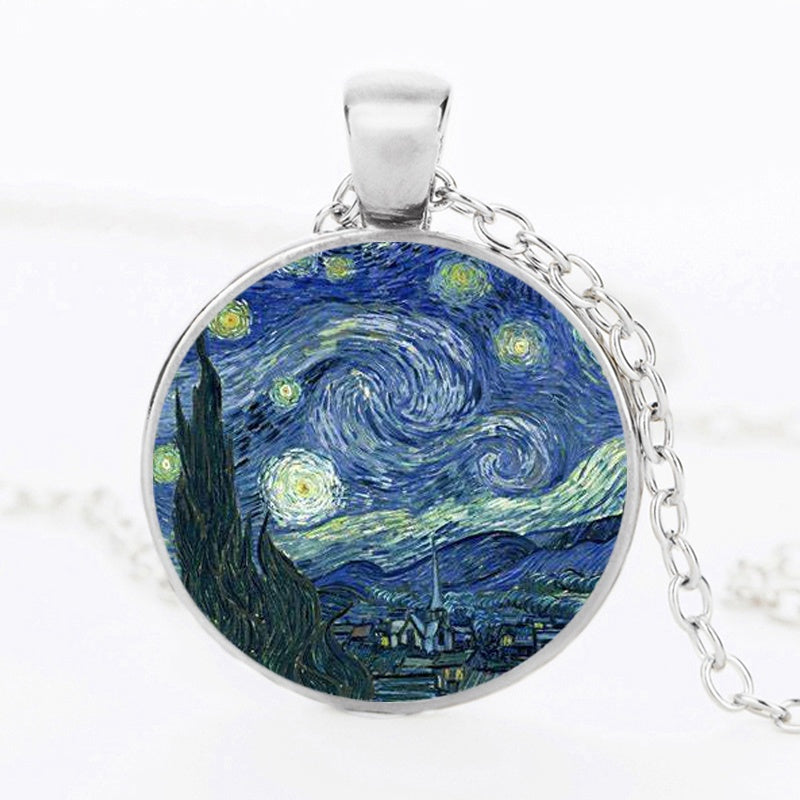 The Kiss Starry Night Sunflower Glass Necklace Van Gogh Klimt Painting Round Pendant Chain Necklaces For Women Girls