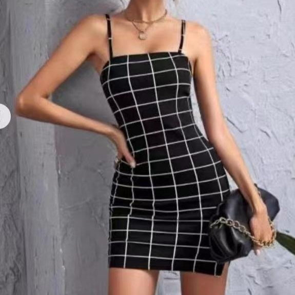 Retro Plaid Sexy Spaghetti Strap Bodycon Mini Dresses Women