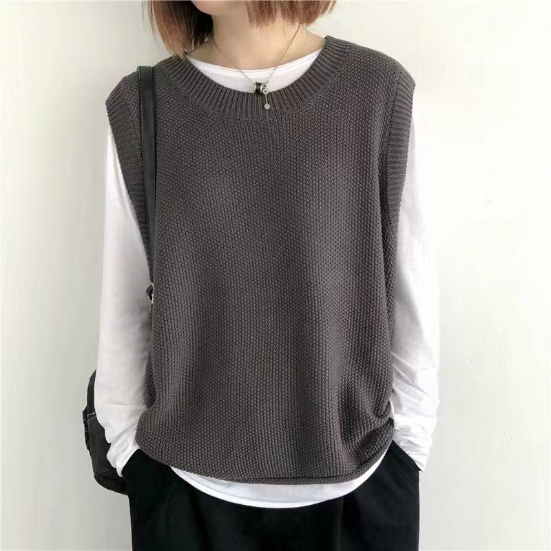 Women Sleeveless Vest Bandage Dress Outer Wear Solid Color Round Neck Vest