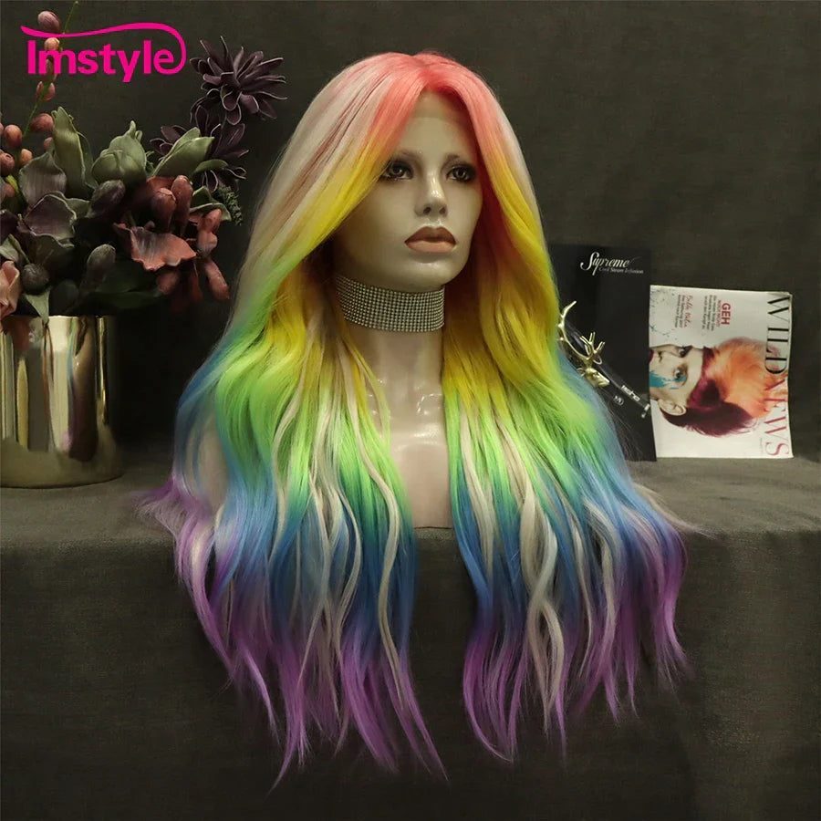 Imstyle Rainbow Synthetic Lace Front Wig Colorful Lace Wigs Ombre Wig For Women Long Wavy Wigs Cosplay Party Heat Resistant