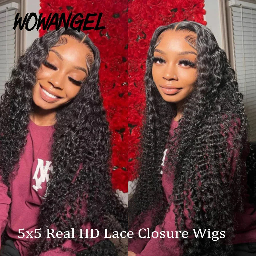 WOWANGEL 34inch Water Wave Wigs 5x5 HD Lace Closure Human Hair Wig 250% Melt All Skins Closure Curly Wig Remy Hair Wig For Woman