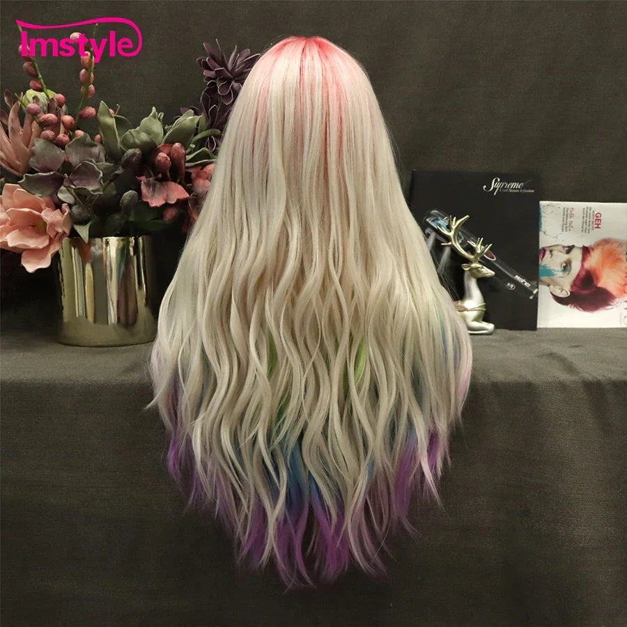 Imstyle Rainbow Synthetic Lace Front Wig Colorful Lace Wigs Ombre Wig For Women Long Wavy Wigs Cosplay Party Heat Resistant
