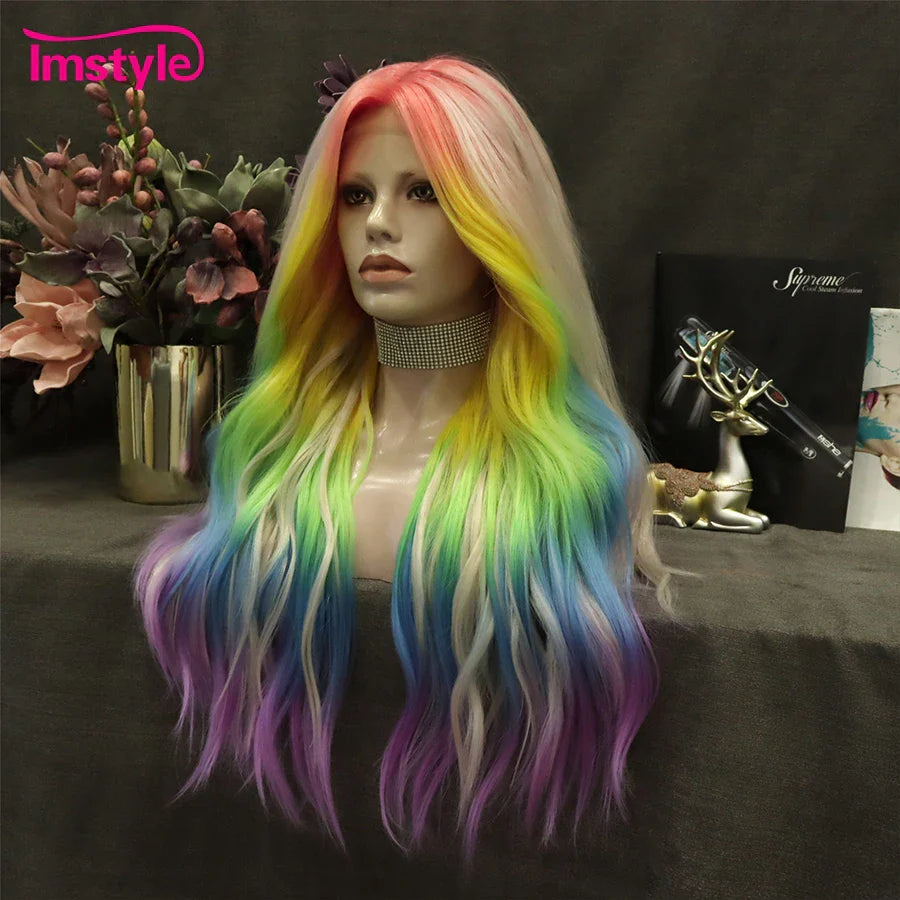 Imstyle Rainbow Synthetic Lace Front Wig Colorful Lace Wigs Ombre Wig For Women Long Wavy Wigs Cosplay Party Heat Resistant
