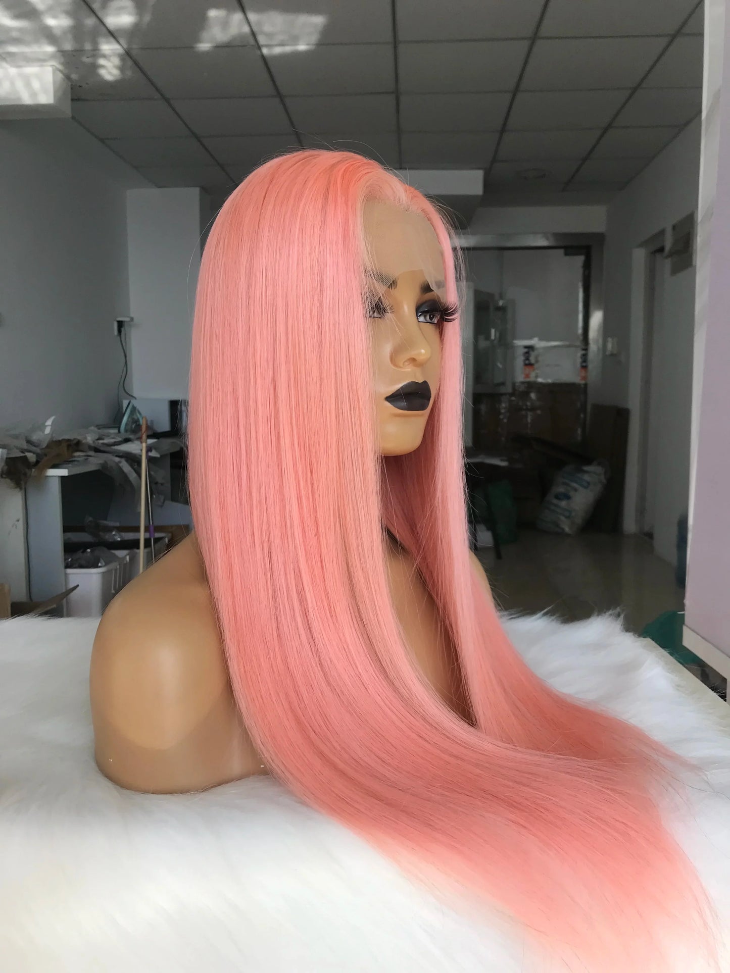 QueenKing hair Full Lace Human hair Wig 130% Density Pink Silky Straight Hair 100% Brazilian Human Remy Hair