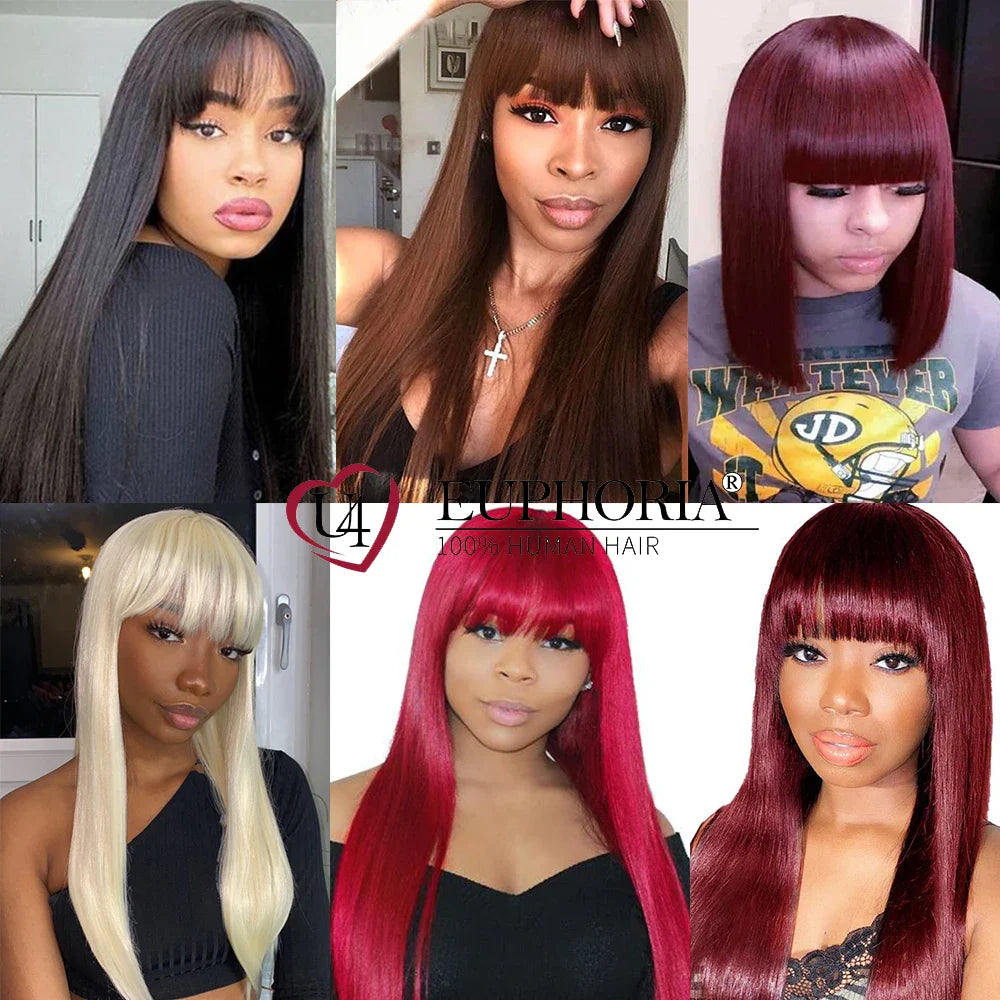 Long Straight Hair Wigs With Bangs Burg Blonde Natural Color Brazilian 9A Remy Human Hair Full Machine Wigs 8-28In EUPHORIA