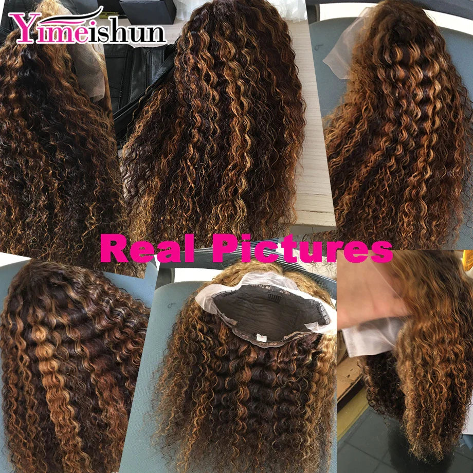 4-27 Highlight Wig Curly Human Hair Wig 13x4 Ombre Brown Curly Lace Front Human Hair Wigs Honey Blonde Kniky Curly Frontal Wig