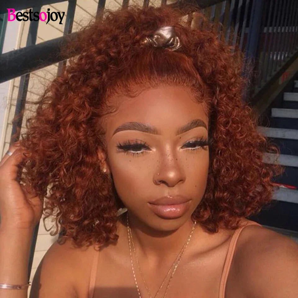 Ginger 613 Short Curly Bob Wig 13x4 Lace Front Human Hair Wigs Ombre Burgundy Colored Brazilian Hair Wigs 4x4 Closure Wig Remy