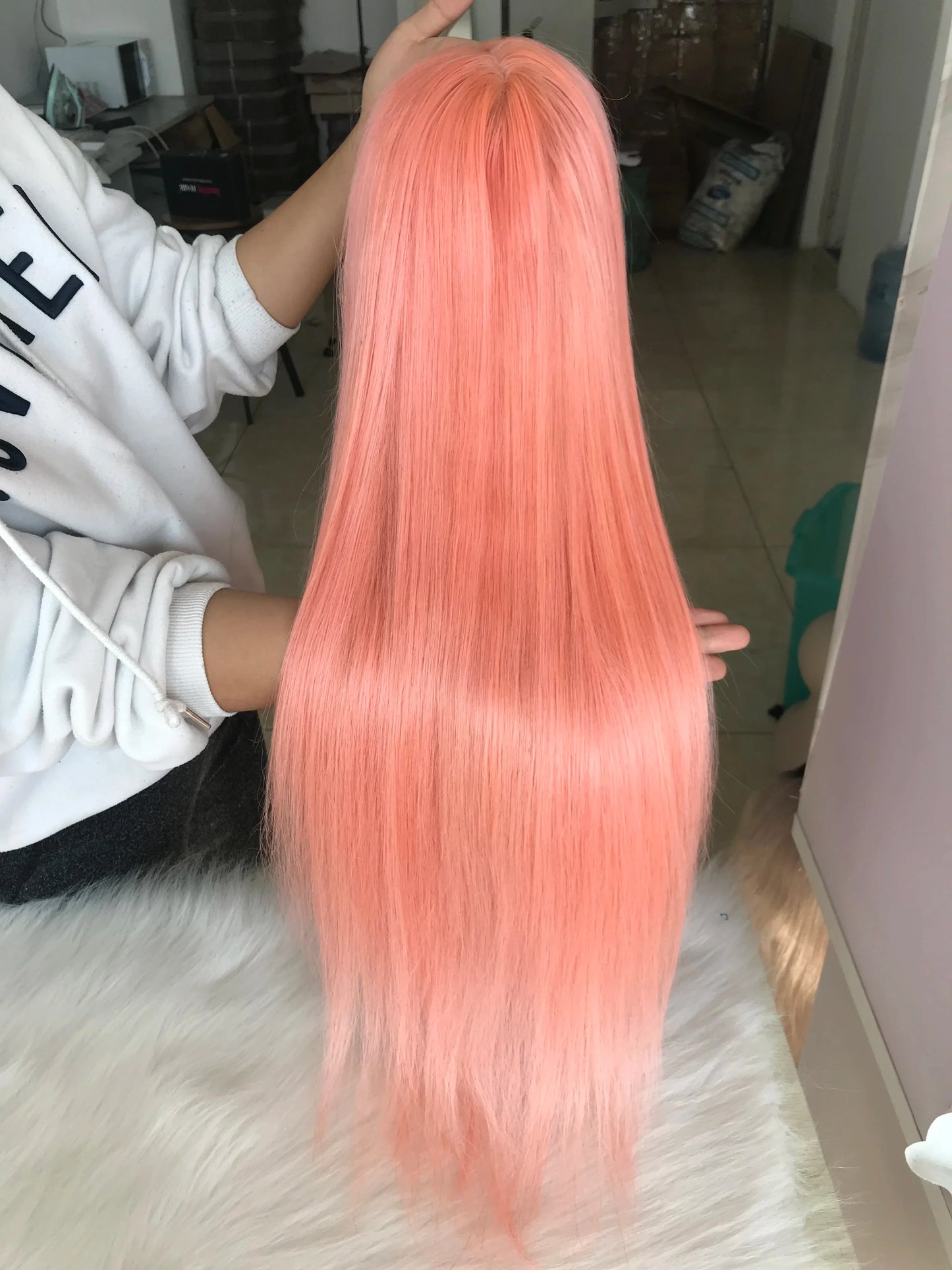 QueenKing hair Full Lace Human hair Wig 130% Density Pink Silky Straight Hair 100% Brazilian Human Remy Hair