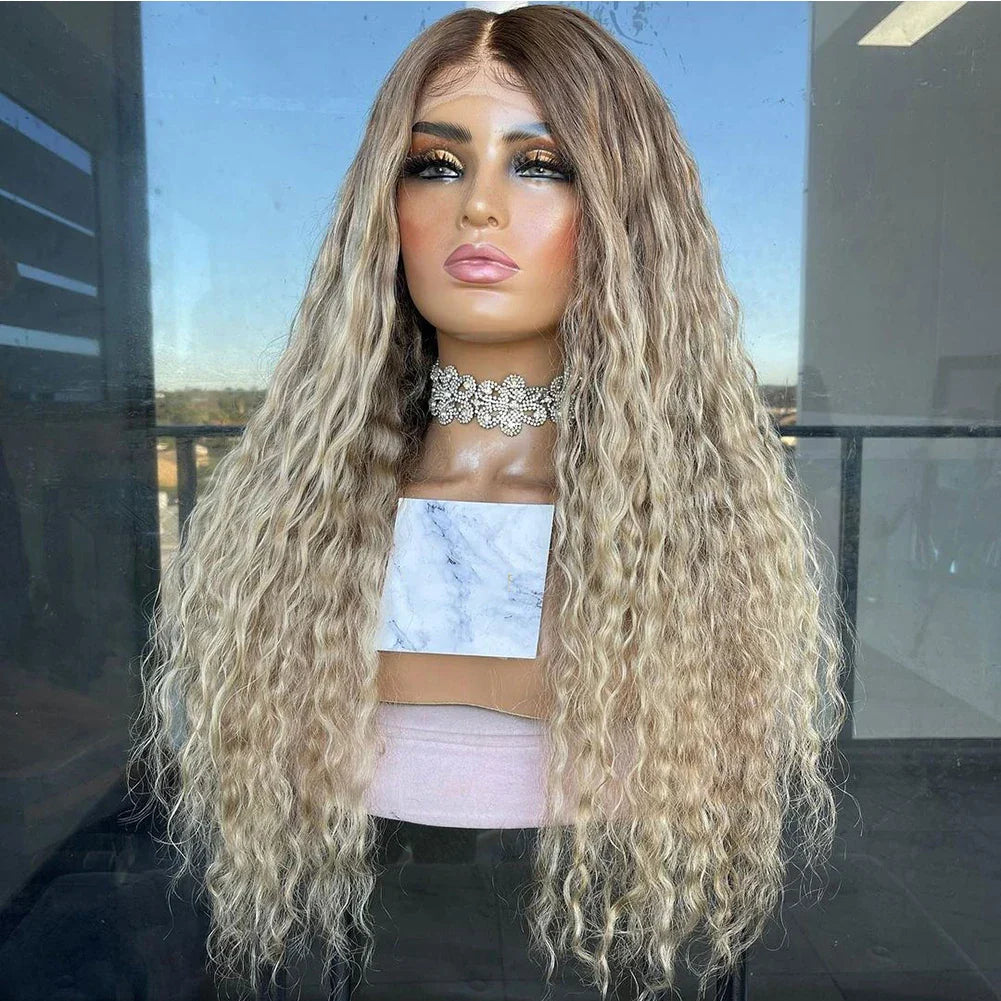 Ashy Blonde Ombre Curly Human Hair Wig Dark Roots 13x4/13x6 Lace Front Wig for Women 200% Long Kinky Curly Wig Remy Hair 30"