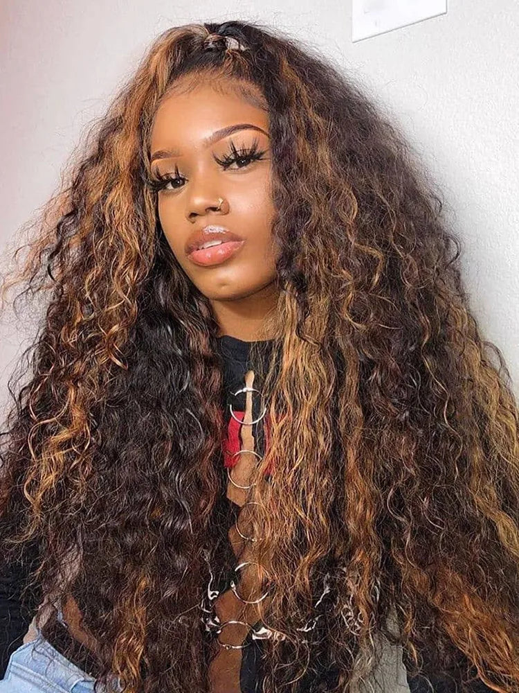 4-27 Highlight Wig Curly Human Hair Wig 13x4 Ombre Brown Curly Lace Front Human Hair Wigs Honey Blonde Kniky Curly Frontal Wig