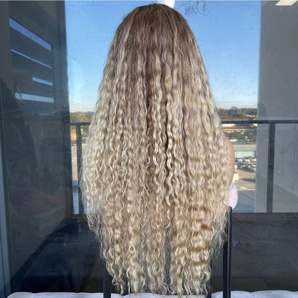 Ashy Blonde Ombre Curly Human Hair Wig Dark Roots 13x4/13x6 Lace Front Wig for Women 200% Long Kinky Curly Wig Remy Hair 30"