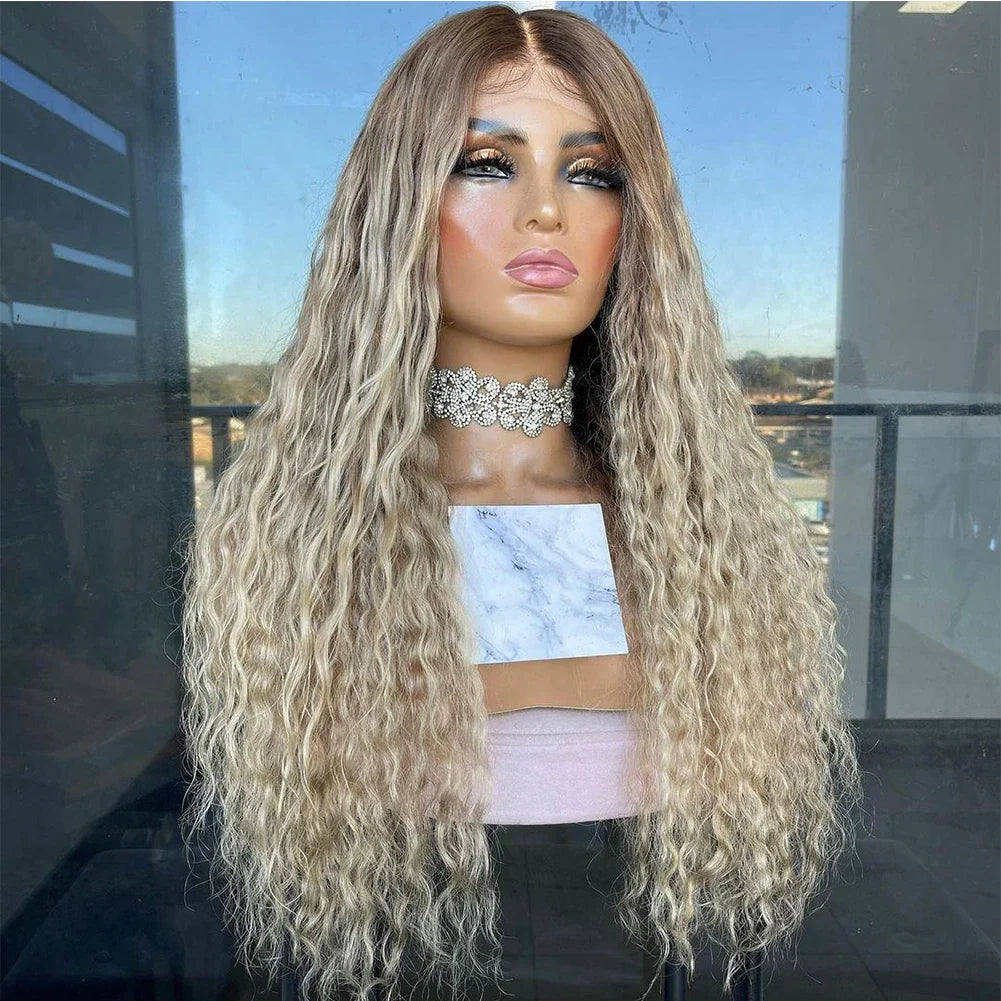 Ashy Blonde Ombre Curly Human Hair Wig Dark Roots 13x4/13x6 Lace Front Wig for Women 200% Long Kinky Curly Wig Remy Hair 30"