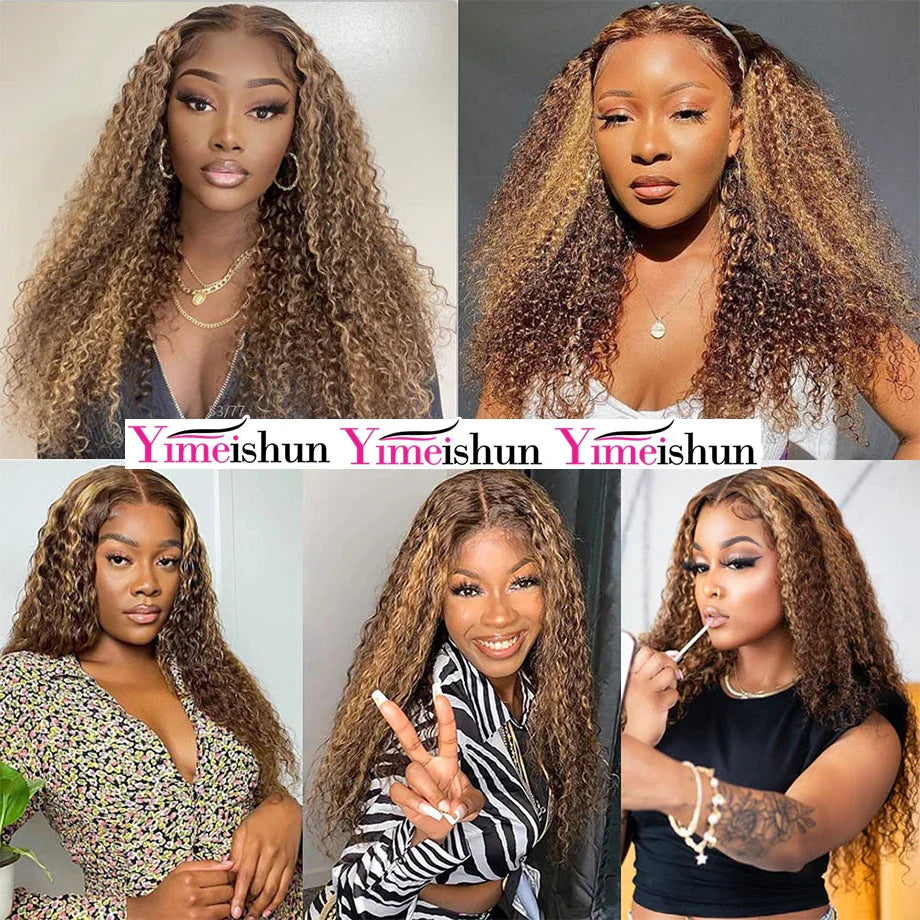 4-27 Highlight Wig Curly Human Hair Wig 13x4 Ombre Brown Curly Lace Front Human Hair Wigs Honey Blonde Kniky Curly Frontal Wig