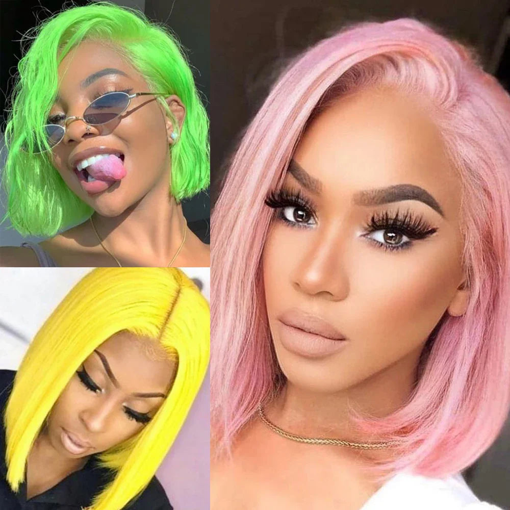 Colored Blue Grey Pink Bob Full Lace Human Hair Wigs Pre Plucked Remy Hair With Baby Hair