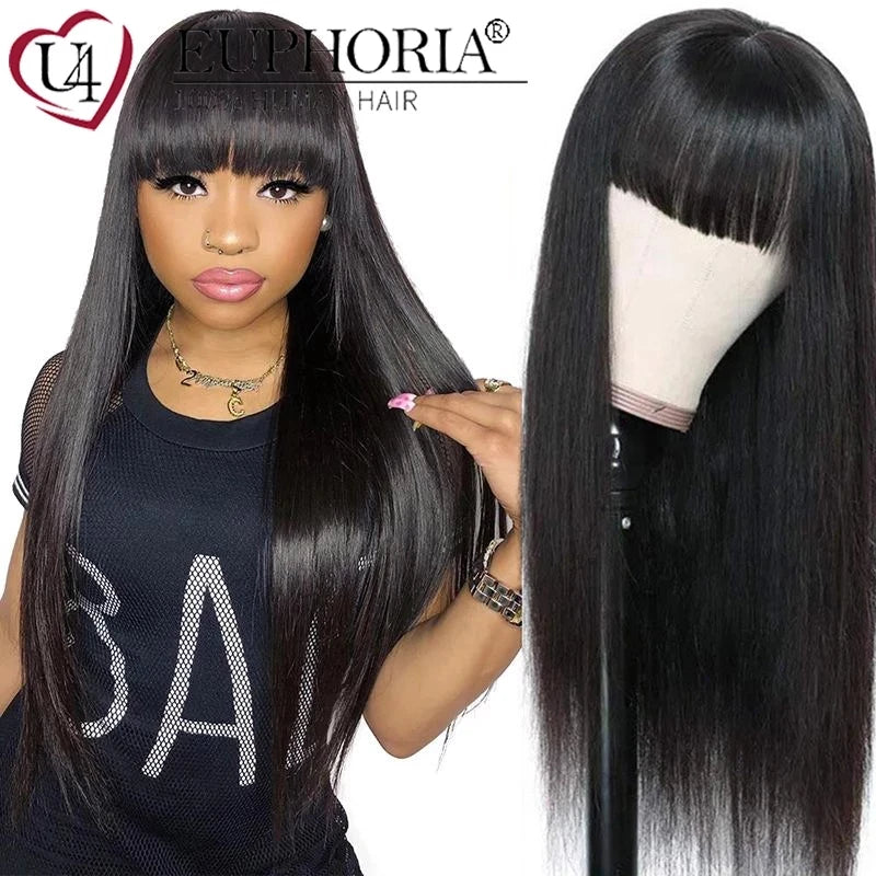 Long Straight Hair Wigs With Bangs Burg Blonde Natural Color Brazilian 9A Remy Human Hair Full Machine Wigs 8-28In EUPHORIA
