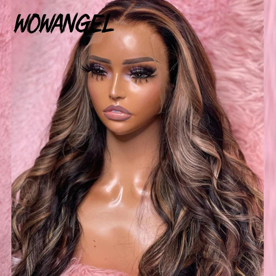 Wow Angel 250% 13x4 HD Lace Frontal Wigs Body Wave Highlight Wig Pre Plucked Melt Skin Full Lace Frontal Wig HD Lace Closure Wig